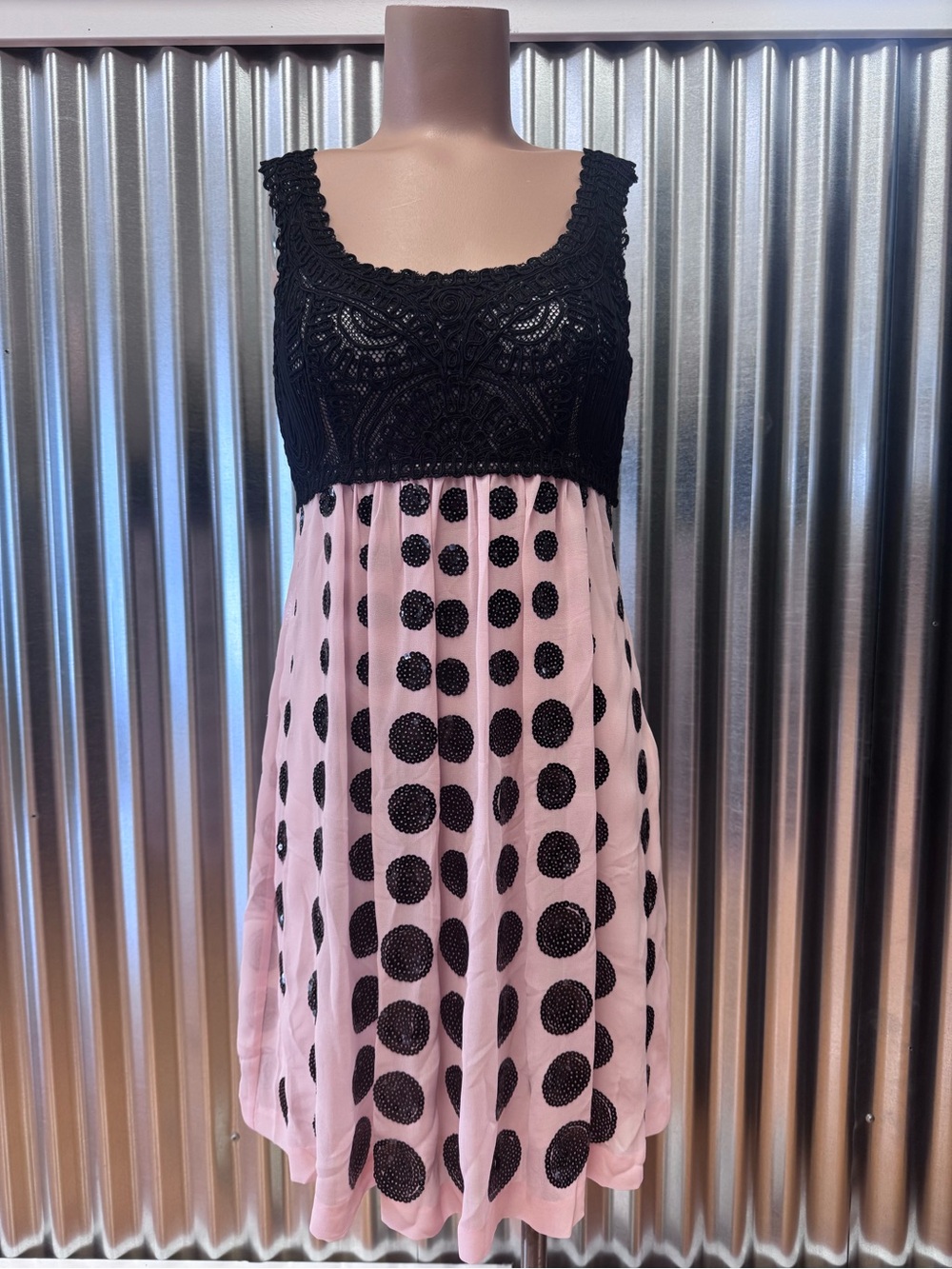 Sue Wong Pink and Black Polka Dot Empire Babydoll Chemise Dress Fairycore Luxury